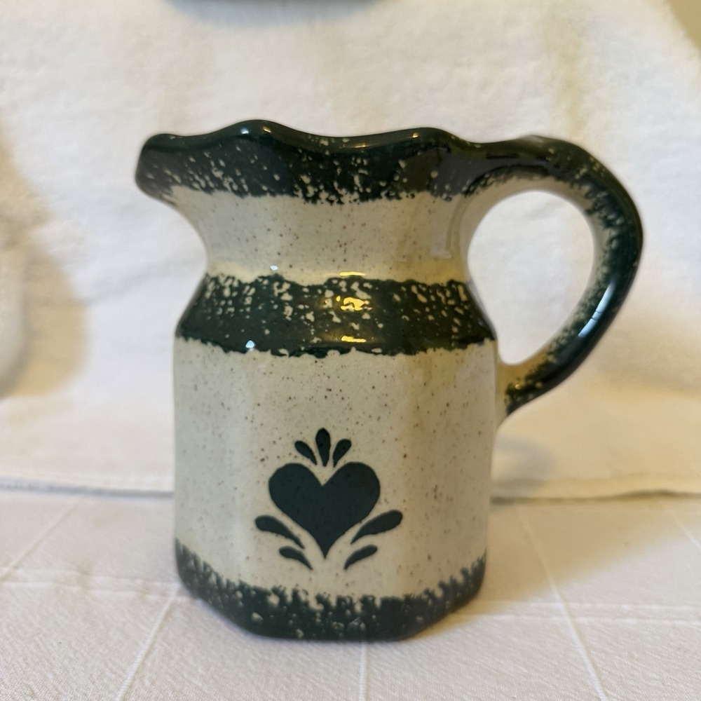 Vintage Studio Art Farmhouse Stoneware Pitcher Cream/ Forest Green Cottage Style